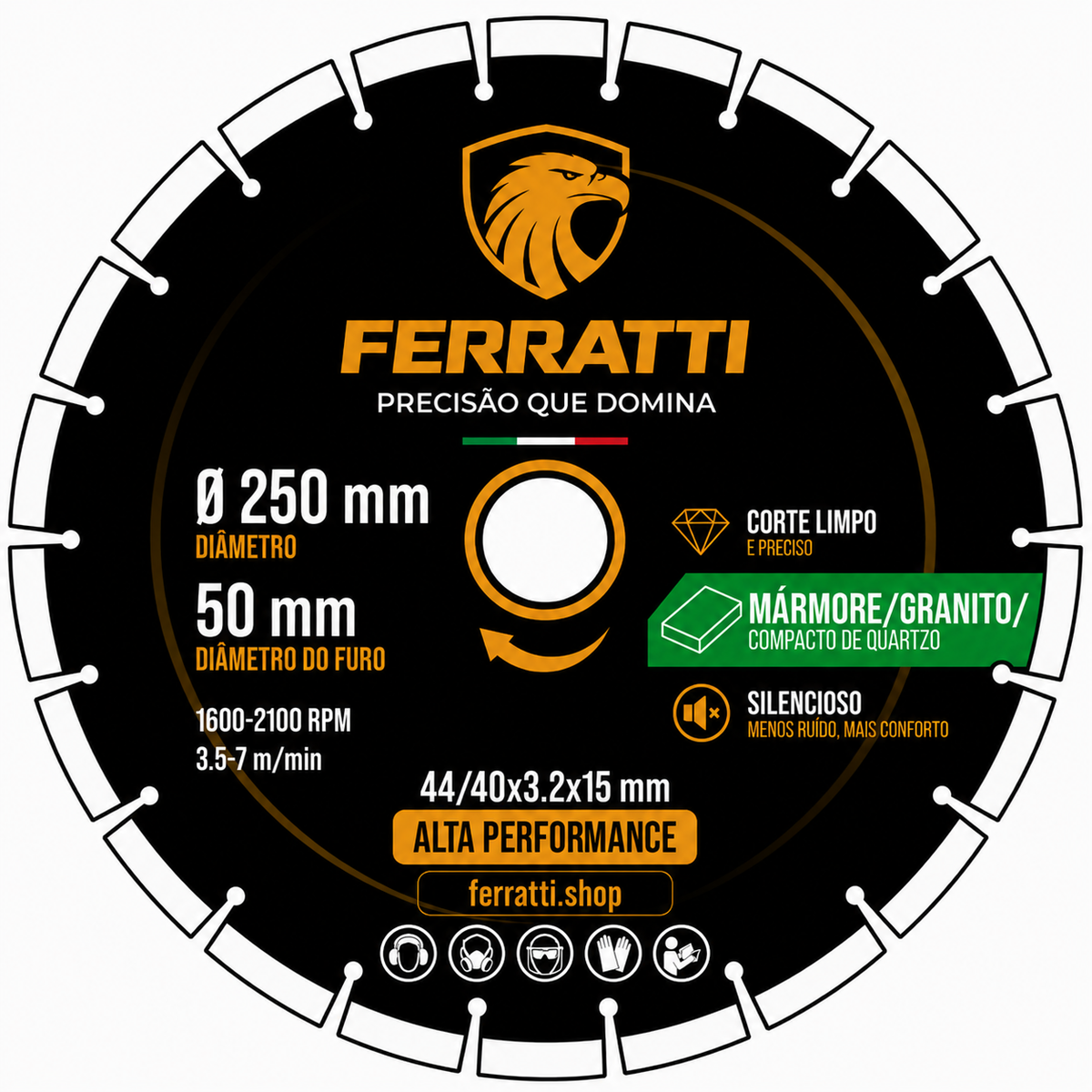 Disco de Corte Diamantado MÁRMORE / GRANITO / COMPACTO DE QUARTZO D250mm - FERRATTI