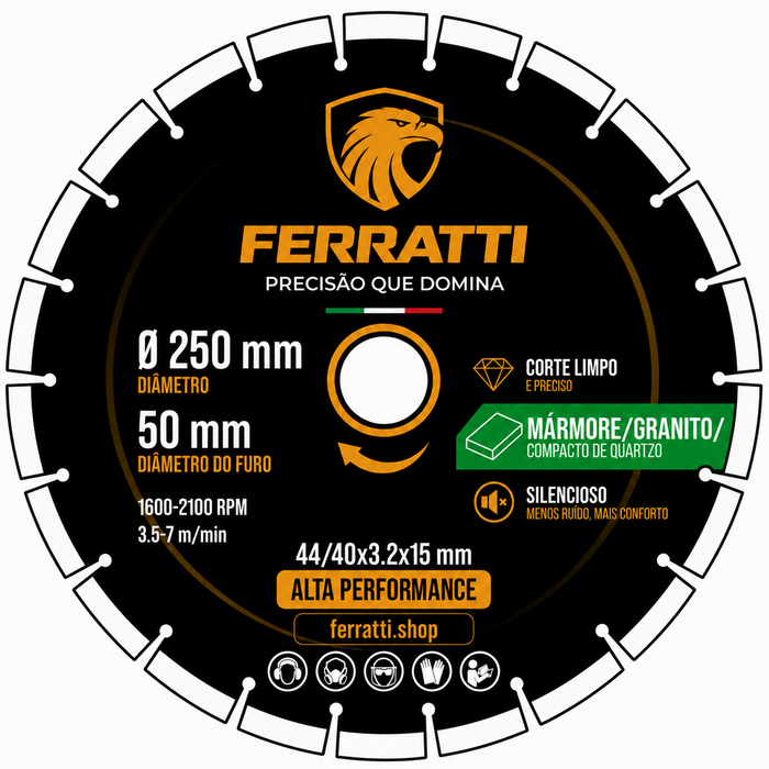 Disco de Corte Diamantado MÁRMORE / GRANITO / COMPACTO DE QUARTZO D250mm - FERRATTI