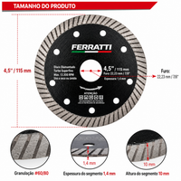 Disco de Corte Diamantado Lâmina de Serra Super Fina para Porcelanato, Mármore, Cerâmica e Granito PREMIUM FERRATTI