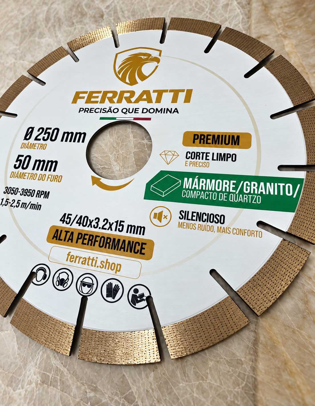 Disco de Corte Diamantado Silencioso MÁRMORE / GRANITO / COMPACTO DE QUARTZO 250mm - PREMIUM FERRATTI
