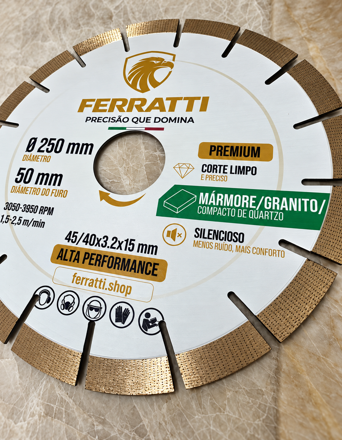 Disco de Corte Diamantado Silencioso MÁRMORE / GRANITO / COMPACTO DE QUARTZO 250mm - PREMIUM FERRATTI