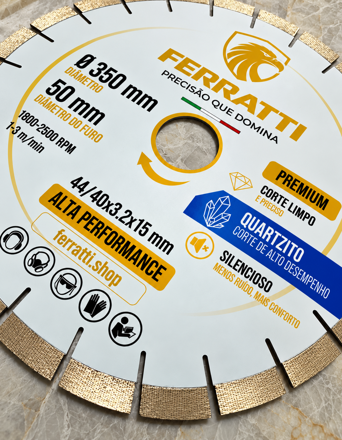 Disco de Corte Diamantado Silencioso QUARTZITO 350mm- PREMIUM FERRATTI