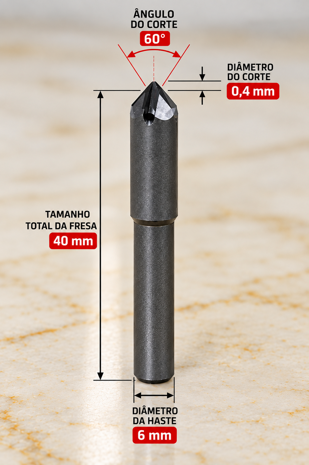Fresa PCD Tipo V 60° e 90° para CNC | Gravação em Mármore e Granito