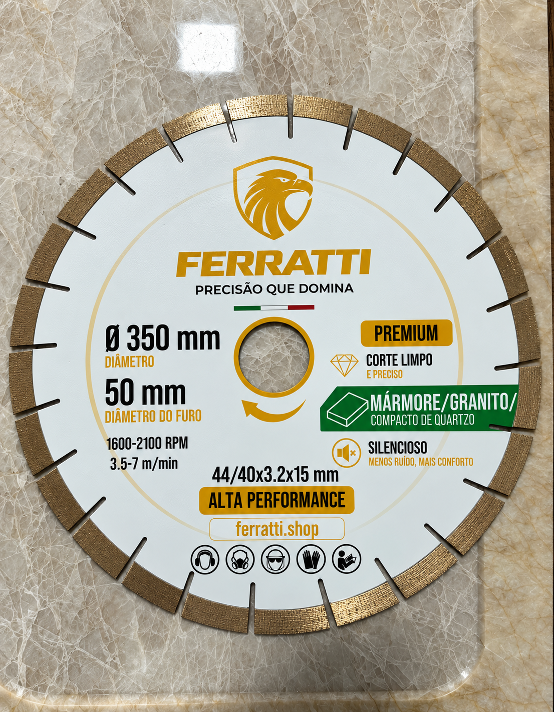 Disco de Corte Diamantado Silencioso 350mm MARMORE / GRANITO - PREMIUM FERRATTI