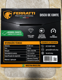 Disco de Corte Diamantado Silencioso 350mm MÁRMORE / GRANITO - FERRATTI