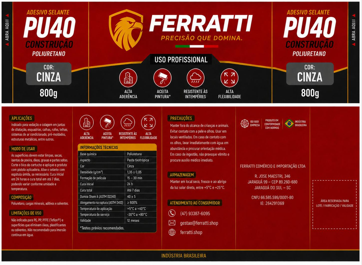 Adesivo Selante Ferratti PU40 Cinza 800g – Construção